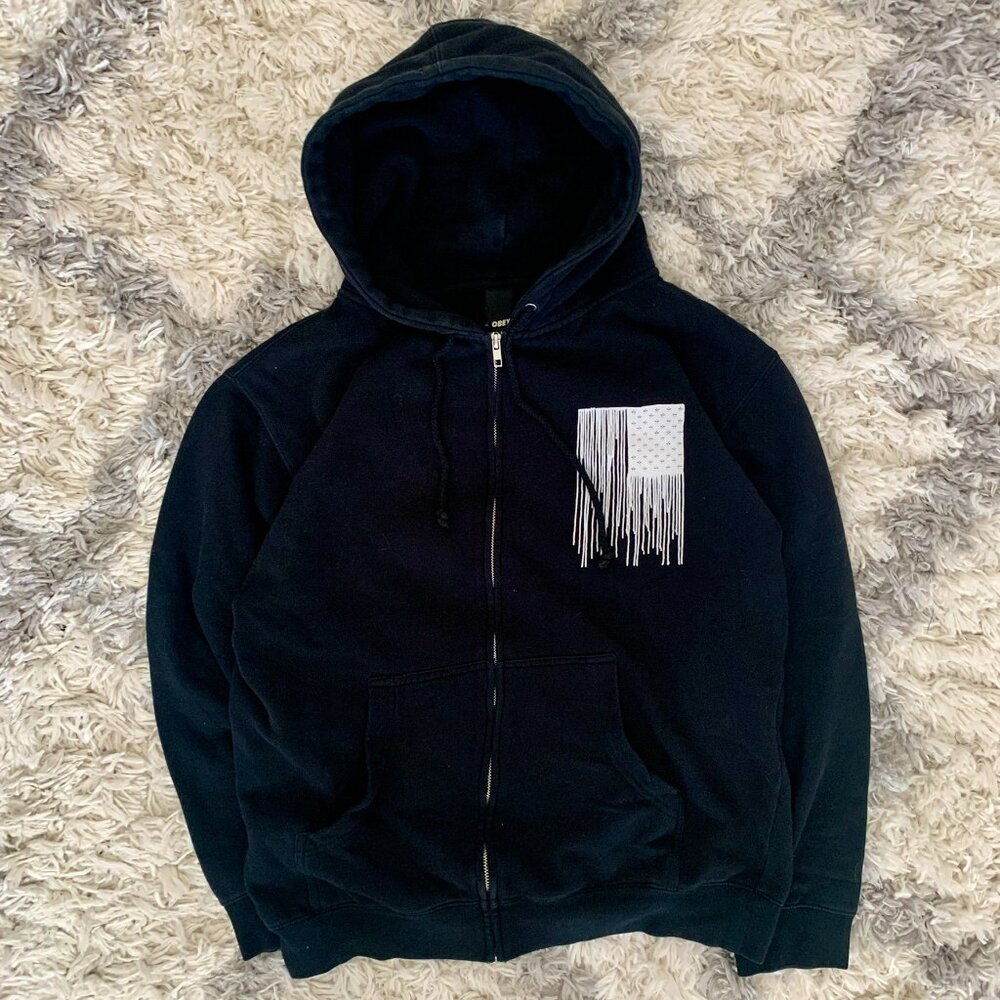 Obey Full Zip Hoodie Men's Small American Flag Drip Skater Y2K 00s Black Jacket